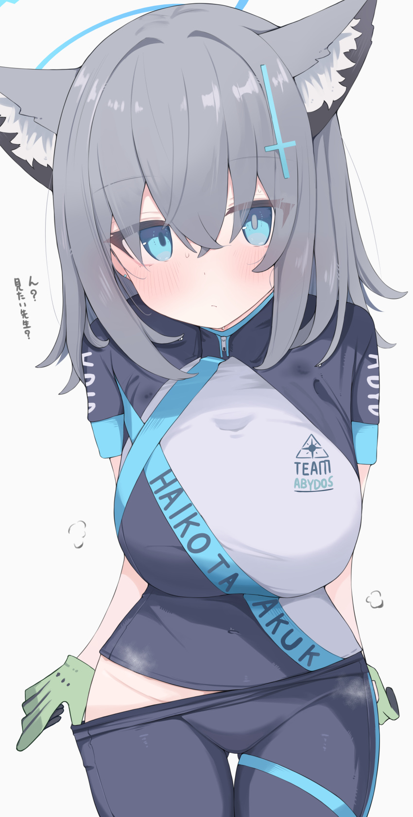 1girl, absurdres, animal_ear_fluff, animal_ears, bike_shorts, blue_archive, blue_eyes, blush, breasts, commentary_request, cross_hair_ornament, cycling_uniform, earrings, extra_ears, gloves, green_gloves, grey_hair, hair_ornament, halo, highres, jewelry, large_breasts, looking_at_viewer, mismatched_pupils, nui_(nuinui0300), official_alternate_costume, shiroko_(blue_archive), shiroko_(cycling)_(blue_archive), short_sleeves, solo, sweat, translation_request, wolf_ears