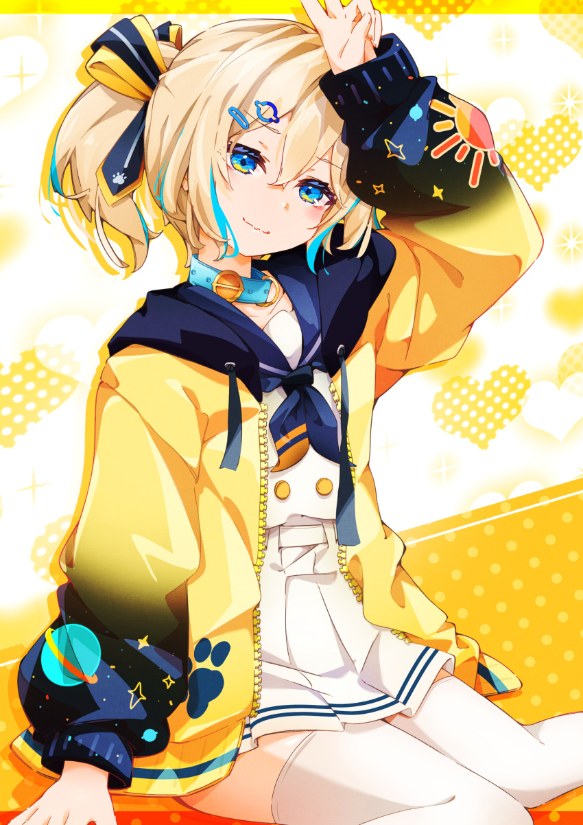 1girl, absurdres, appare_hinata, arm_up, belt, blonde_hair, blue_eyes, blue_hair