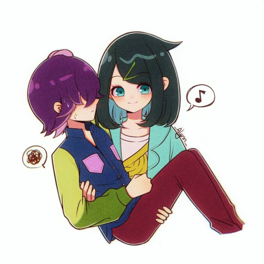 2girls, alynn610, androgynous, artist_name, black_hair, blue_eyes, blue_hair, blush, carrying, closed_mouth, colored_inner_hair, commentary_request, dot_(pokemon), hair_ornament, hairclip, highres, liko_(pokemon), long_sleeves, multicolored_hair, multiple_girls, musical_note, pants, pink_hair, pokemon, pokemon_(anime), pokemon_horizons, princess_carry, purple_hair, red_pants, short_hair, smile, spoken_musical_note, spoken_squiggle, squiggle, sweatdrop, two-tone_hair, upper_body, white_background, yuri