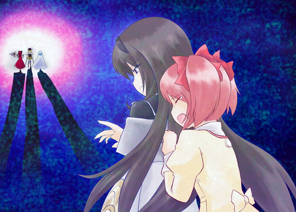 blue_hair, cape, horikawakyo, kaname_madoka, magical_girl, mahou_shoujo_madoka_magica, miki_sayaka, multiple_girls