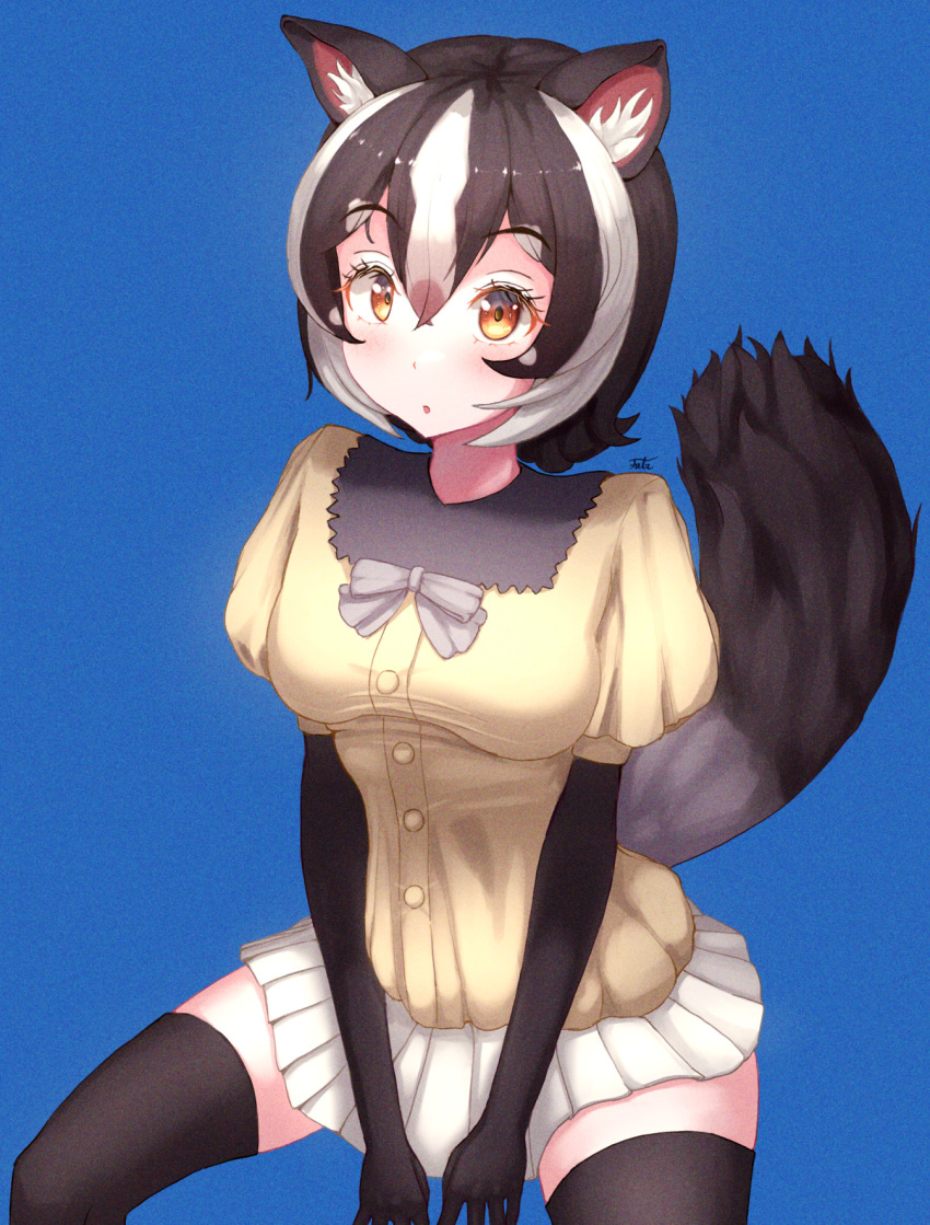 1girl, animal_ears, black_gloves, black_hair, black_thighhighs, blue_background, blush, bow