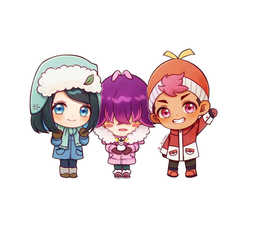 1boy, 2girls, alynn610, black_hair, blue_eyes, blue_hair, blue_hat, blue_jacket