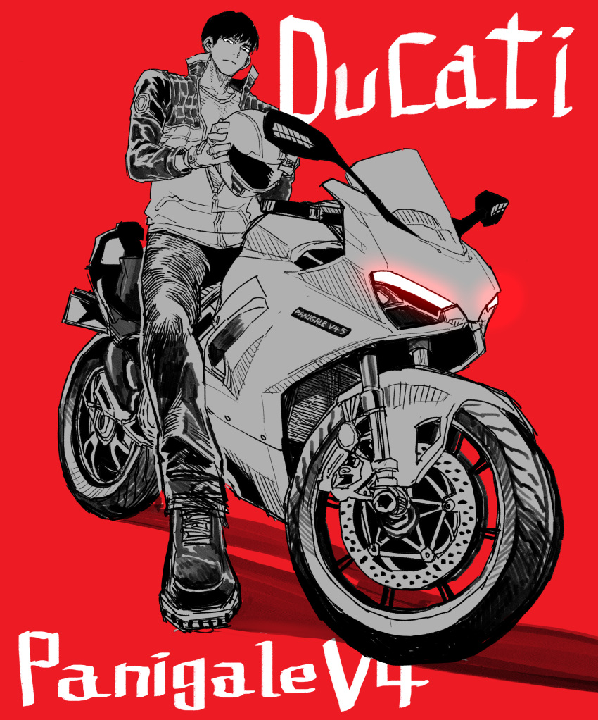 1boy, absurdres, black_hair, ducati_panigale_v4, greyscale, greyscale_with_colored_background, helmet, high_school_boy