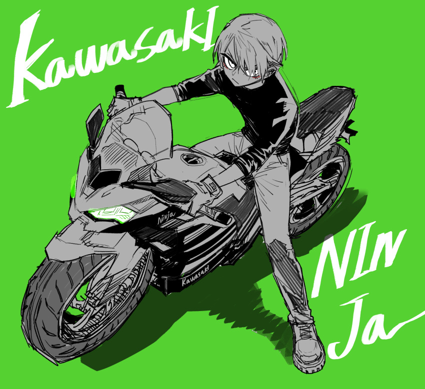 1boy, absurdres, androgynous, bishounen, english_text, eyeliner, full_body, greyscale, greyscale_with_colored_background, high_school_boy, highres, hong_iltak, kawasaki_(company), korean_commentary, looking_at_viewer, makeup, male_focus, monochrome, motor_vehicle, motorcycle, official_art, parkgee, red_eyeliner, romaji_text, short_hair, solo, spot_color