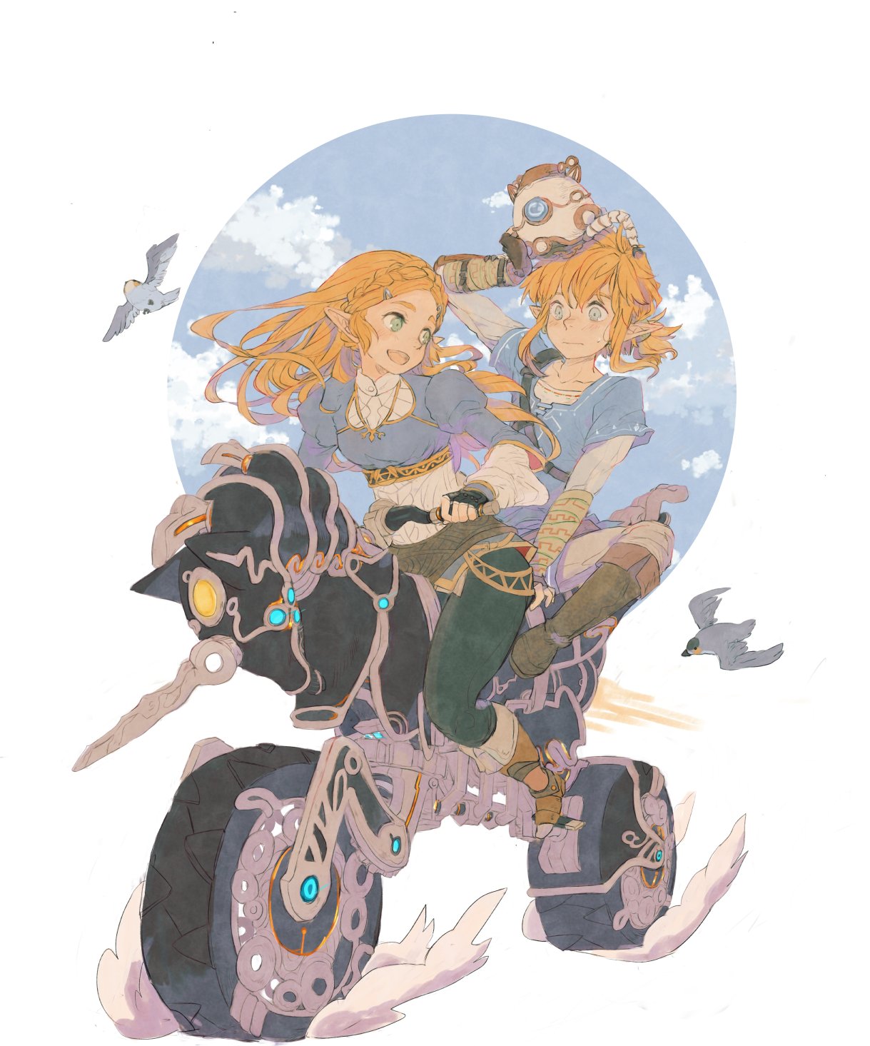 1boy, 1girl, aogoma, belt, bicycle, bird, black_pants, blonde_hair