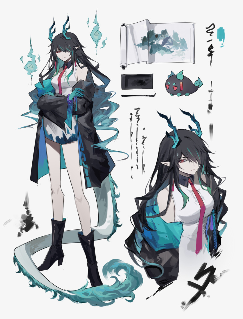 1girl, arknights, black_boots, black_coat, black_hair, boots, breasts, calligraphy_brush