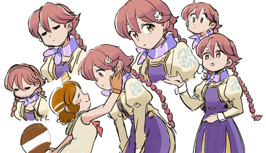 2girls, apocalypse_hotel, braid, brown_eyes, brown_hair, cropped_jacket, dress, highres
