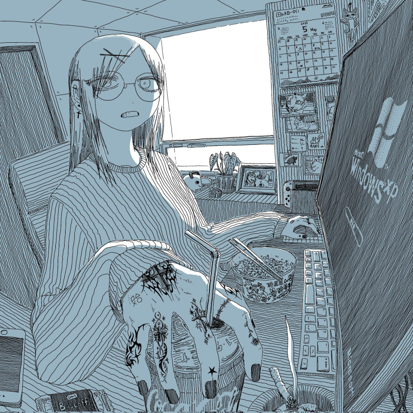 1girl, ashtray, at_computer, calendar_(object), cameo, can, cellphone, chainsaw_man