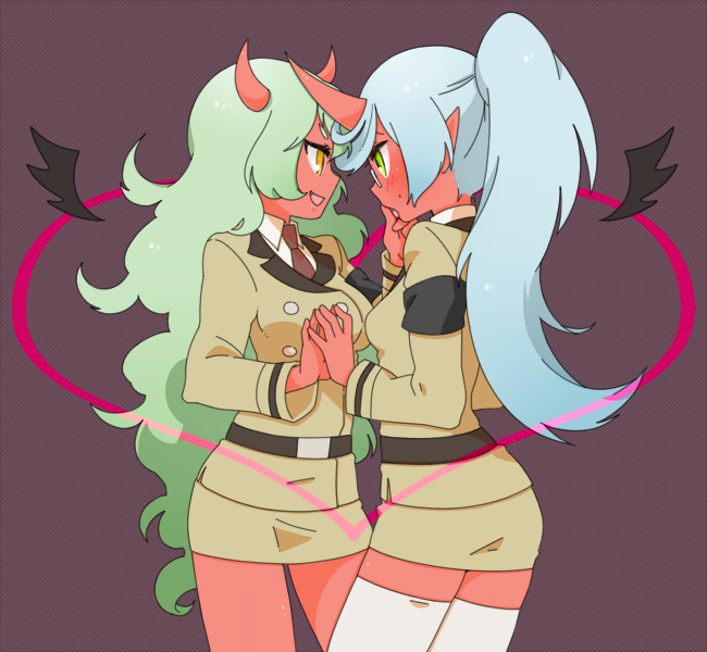 blush, green_hair, heart, horns, incest, kneesocks_(character), kneesocks_(psg), long_hair, nogi_(noooog), panty_&amp;_stocking_with_garterbelt, red_skin, scanty, scanty_(psg), siblings, simple_background, sisters, thigh-highs, thighhighs, wings, yuri, zettai_ryouiki