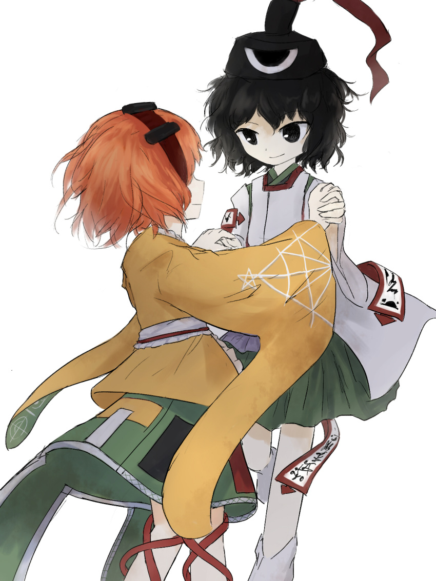 2others, bare_legs, black_eyes, black_hat, black_kimono, commentary_request, dancing, detached_sleeves