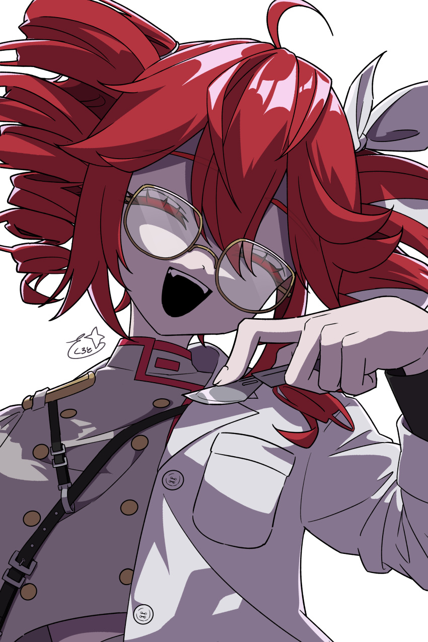 1girl, absurdres, ahoge, belt, black_belt, bow, breast_pocket, breasts, buttons, closed_eyes, coat, coat_partially_removed, double-breasted, drill_hair, facing_viewer, fangs, flat_chest, glasses, hair_between_eyes, hair_bow, hair_ribbon, highres, holding_scalpel, igaku_(utau), kasane_teto, kasane_teto_(sv), long_sleeves, midriff_peek, open_mouth, pocket, red_hair, red_trim, ribbon, shoulder_belt, shoulder_boards, simple_background, solo, synthesizer_v, teeth, twin_drills, twintails, upper_teeth_only, utau, white_background, white_bow, white_coat, white_ribbon, zakuro_tora