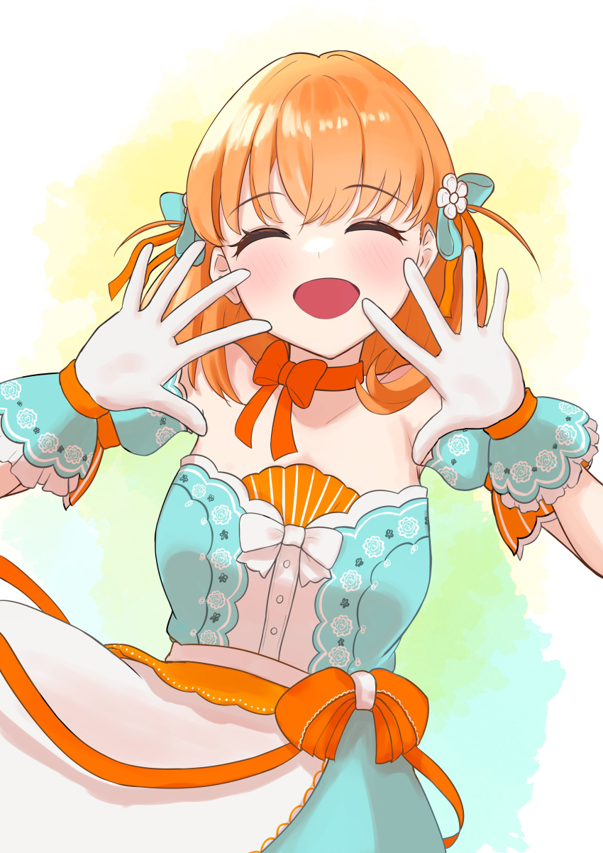 1girl, :d, ^_^, absurdres, bare_shoulders, blue_background, blue_dress, blush