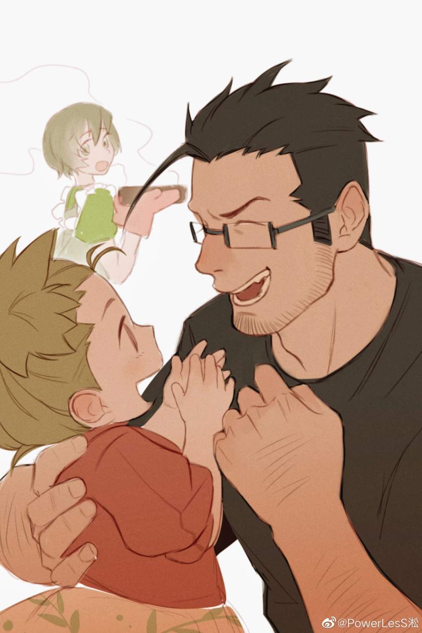1boy, 2girls, absurdres, apron, arm_hair, elicia_hughes, family, father_and_daughter