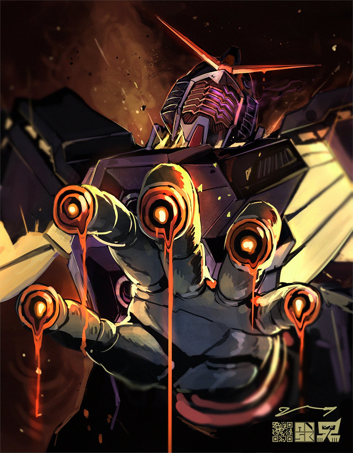 commentary, gundam, gundam_gquuuuuux, highres, makitoyuito, mecha, mecha_focus, melting, mobile_suit, no_humans, psyco_gundam_(gquuuuuux), qr_code, reaching, reaching_towards_viewer, robot, science_fiction, solo, v-fin