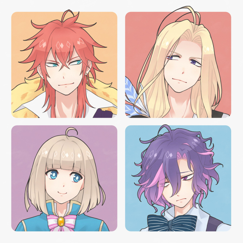 4boys, blue_eyes, blunt_bangs, bow, bright_pupils, closed_mouth, commentary_request, dame_x_prince, earrings, feather_boa, hair_between_eyes, highres, jewelry, long_hair, luze_selen_el_philizar, male_focus, mea_selen_el_philizar, messy_hair, multiple_boys, narek_ishru_de_mildonia, purple_hair, red_hair, ruei_(chicking), smile, striped_bow, vino_von_ronzado, violet_eyes, white_pupils