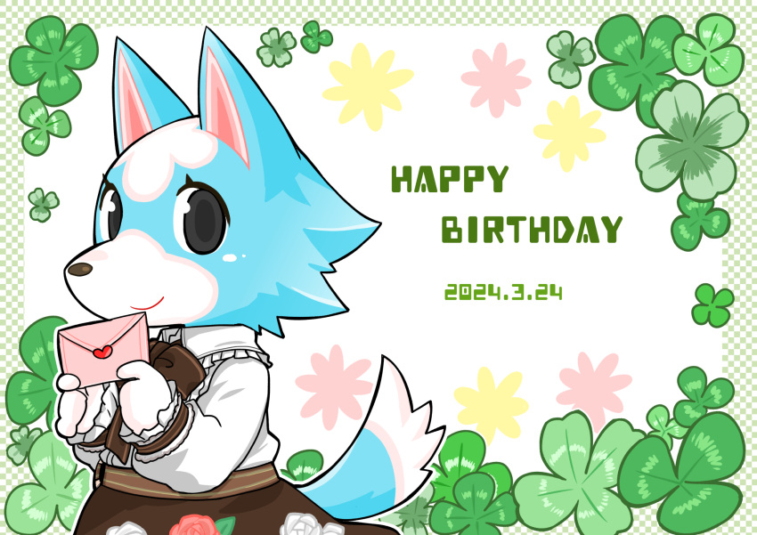 1girl, animal_crossing, black_eyes, bow, brown_bow, brown_skirt, closed_mouth, clover