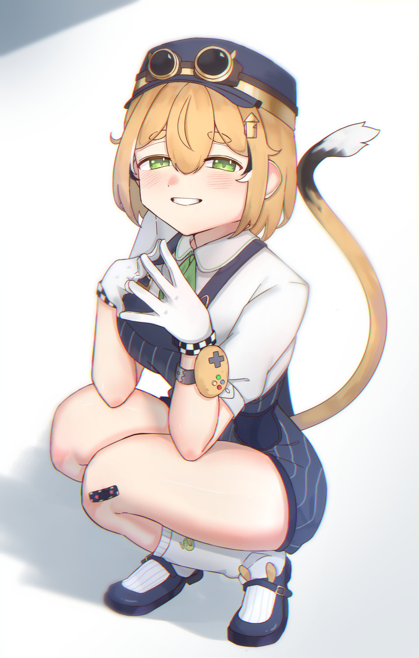 1girl, absurdres, black_hair, blonde_hair, blue_hat, blue_overalls, blush, closed_mouth