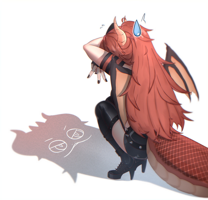 1girl, absurdres, black_nails, black_shirt, black_shoes, black_skirt, black_thighhighs, cat_shadow_puppet_(meme)