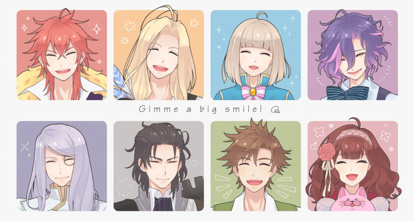 1girl, 6+boys, ani_inako, ascot, black_hair, blonde_hair, blunt_bangs, bow