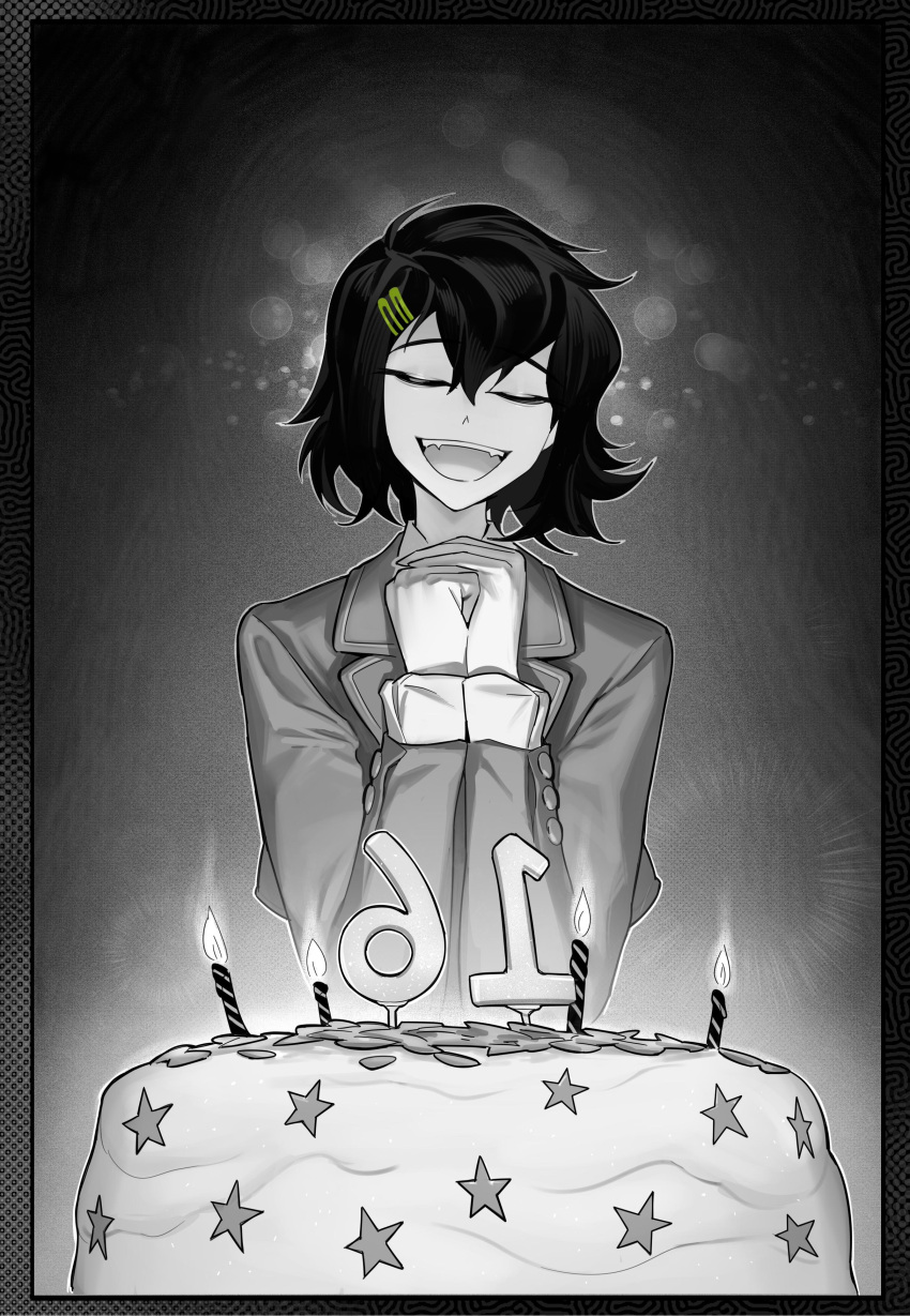 1girl, :d, absurdres, aged_down, ahoge, aierlaobo, black_border, blazer, bob_cut, border, buttons, cake, candle, character_age, closed_eyes, commentary, double-parted_bangs, english_commentary, facing_viewer, fangs, food, from_below, grey_background, greyscale, hair_between_eyes, hair_ornament, hands_up, highres, jacket, lapels, layered_sleeves, long_sleeves, monochrome, notched_lapels, number_candle, open_mouth, outline, own_hands_together, renee_graves, short_hair, simple_background, smile, solo, spot_color, star_(symbol), teeth, the_coffin_of_andy_and_leyley, u_u, underlighting, upper_body, upper_teeth_only