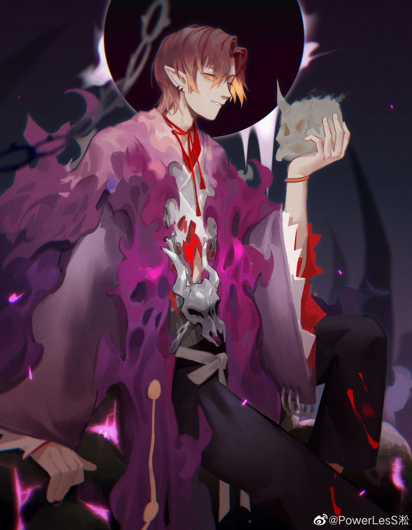 1boy, absurdres, arm_support, black_sun, bracelet, brown_hair, chain, hair_between_eyes