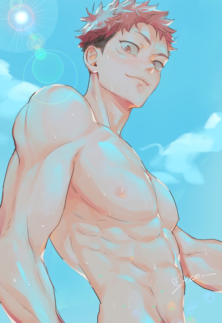 abs, black_hair, closed_mouth, from_below, from_side, itadori_yuuji, juju_net, jujutsu_kaisen, looking_at_viewer, male_focus, muscular, muscular_male, nipples, pectorals, pink_eyes, pink_hair, short_hair, signature, sky, smile, solo, spiky_hair, sun, sunlight, topless_male, undercut, upper_body, wet