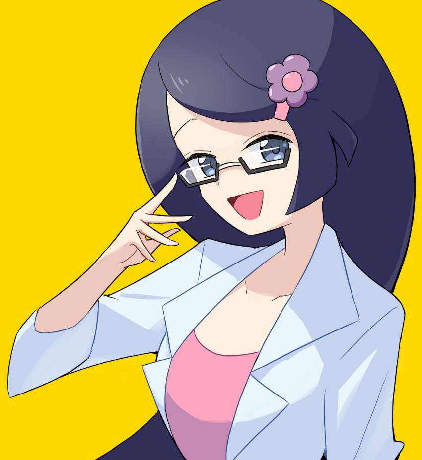 1girl, adjusting_eyewear, black_hair, collarbone, fennel_(pokemon), flower_hairpin, grey_eyes, highres