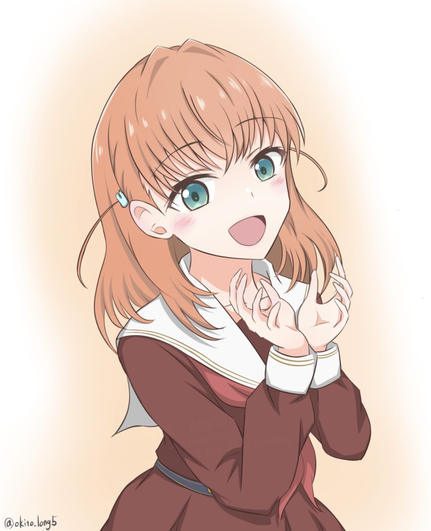 1girl, :d, blush, brown_dress, commentary_request, dress, flower_hands, hair_intakes