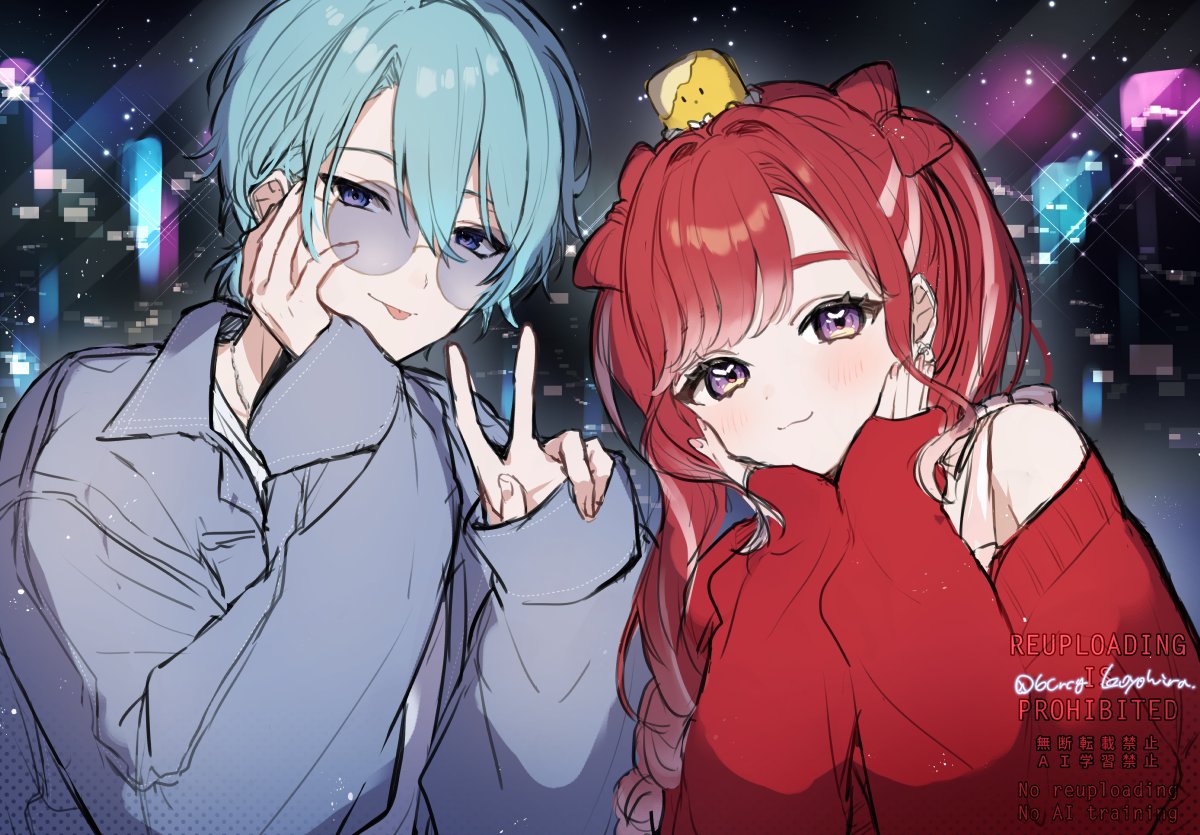 1boy, 1girl, 6crcg, :3, :p, aqua_hair, artist_name, blue_jacket