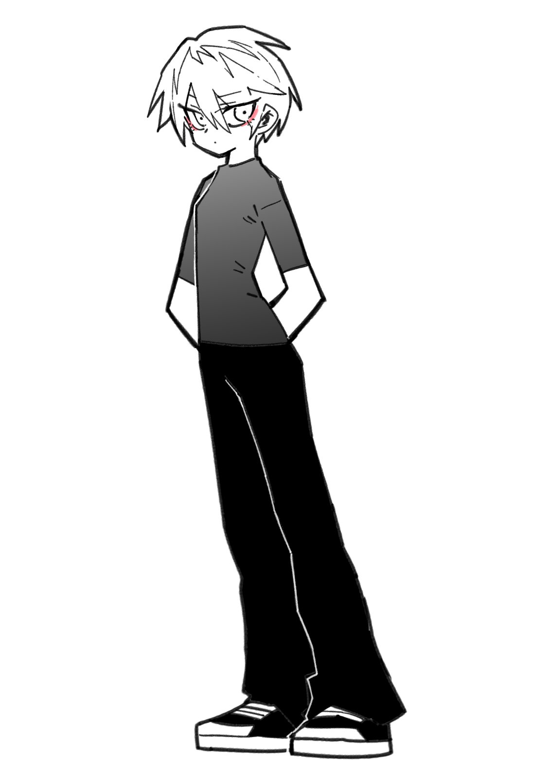 1boy, androgynous, bishounen, eyeliner, full_body, greyscale, high_school_boy, highres