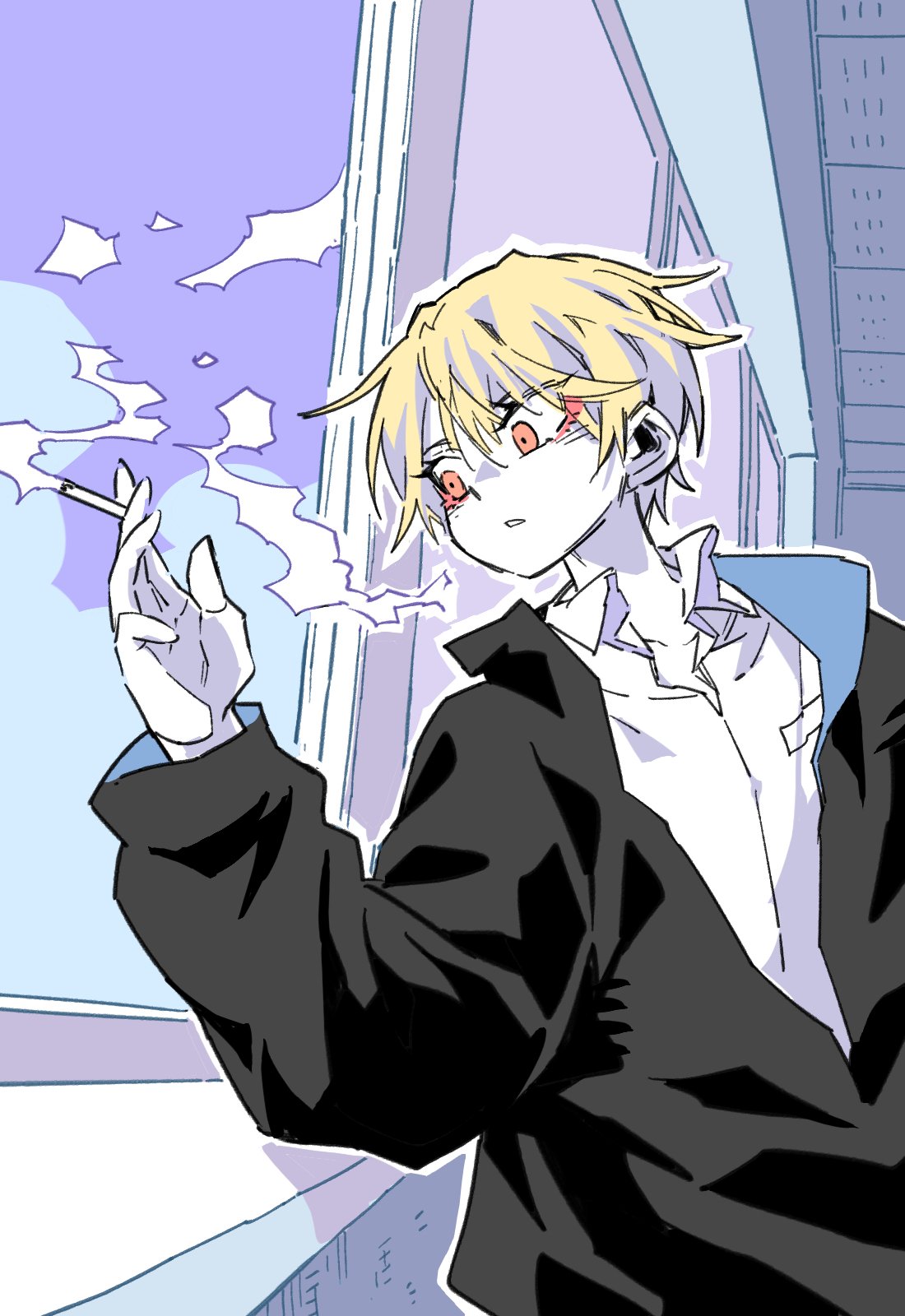 1boy, androgynous, bishounen, black_jacket, blonde_hair, cigarette, collared_shirt, eyeliner, high_school_boy, highres, hong_iltak, jacket, makeup, male_focus, oversized_jacket, parkgee, red_eyeliner, red_eyes, sanpaku, school_uniform, shirt, short_hair, smoke, smoking, solo, white_shirt, window