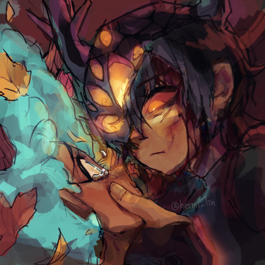 2girls, amphibia, anne_boonchuy, anne_boonchuy_(calamity_form), black_hair, blue_eyes, blue_hair, darcy_(amphibia), dark-skinned_female, dark_skin, eye_contact, fake_horns, hand_on_another's_chin, helmet, hermi, highres, horned_helmet, horns, leaf, leaf_on_head, looking_at_another, multiple_girls, orange_eyes, serious, signature, sketch, tears