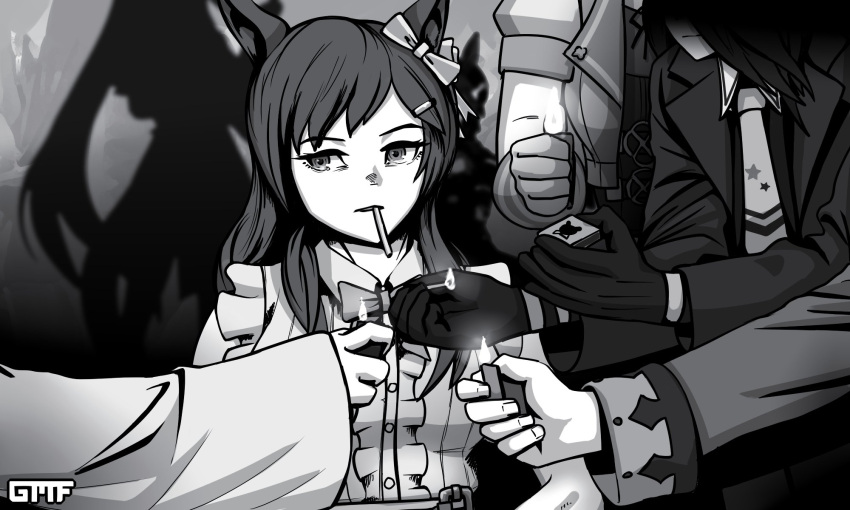 5girls, agnes_tachyon_(umamusume), animal_ears, artist_name, breasts, cigarette, ear_ribbon, el_condor_pasa_(umamusume), gloves, gmf_(0gmf0), greyscale, hair_ornament, hairclip, highres, holding, holding_lighter, horse_ears, horse_girl, large_breasts, lighter, malena_(movie), manhattan_cafe_(umamusume), medium_breasts, mejiro_dober_(umamusume), monochrome, multiple_girls, necktie, puffy_short_sleeves, puffy_sleeves, shadow, short_sleeves, sleeves_past_wrists, special_week_(umamusume), suit, umamusume