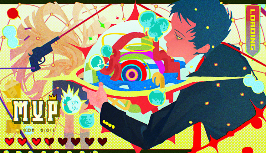 1boy, aaa_(tungulamian), adachi_tooru, amagi_yukiko, ameno_sagiri_(persona), anger_vein, black_hair, black_jacket, closed_mouth, commentary, doujima_nanako, doujima_ryoutarou, english_commentary, english_text, eyelashes, gun, handgun, health_bar, heart, highres, izanagi_(persona_4), jacket, kujikawa_rise, long_sleeves, looking_at_viewer, male_focus, narukami_yu, persona, persona_4, satonaka_chie, shirogane_naoto, short_hair, weapon, yellow_eyes