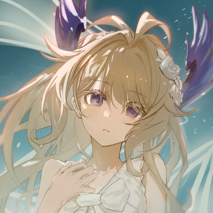 1girl, ahoge, bare_shoulders, blonde_hair, commentary, enna_alouette, flower, hair_between_eyes, hair_flower, hair_intakes, hair_ornament, head_wings, highres, long_hair, looking_at_viewer, nijisanji, nijisanji_en, parted_lips, sawayaka_(swyk_a4), solo, symbol-only_commentary, violet_eyes, virtual_youtuber, wings