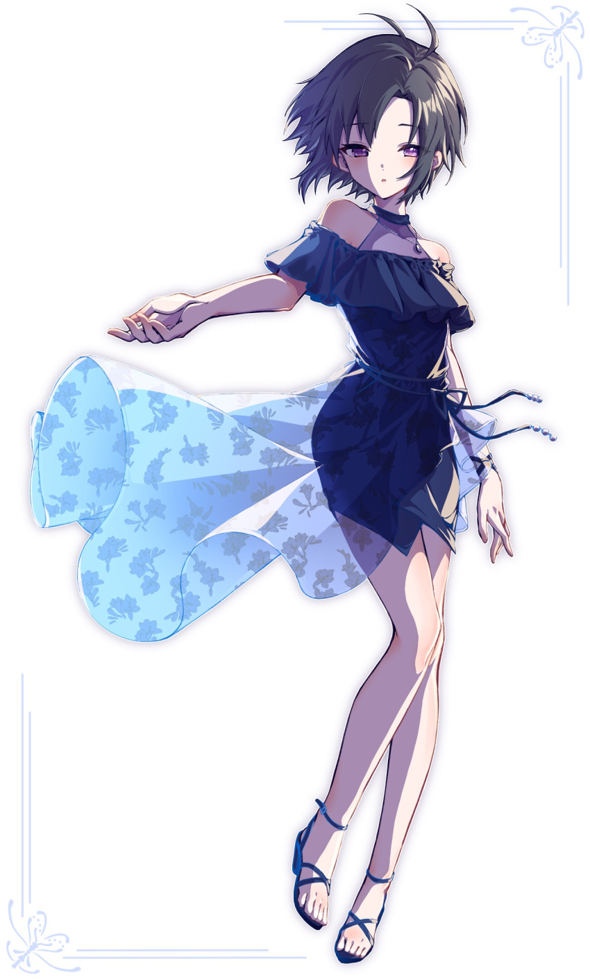1girl, antenna_hair, ayuko_ammobium, bare_legs, black_dress, black_hair, dress, full_body
