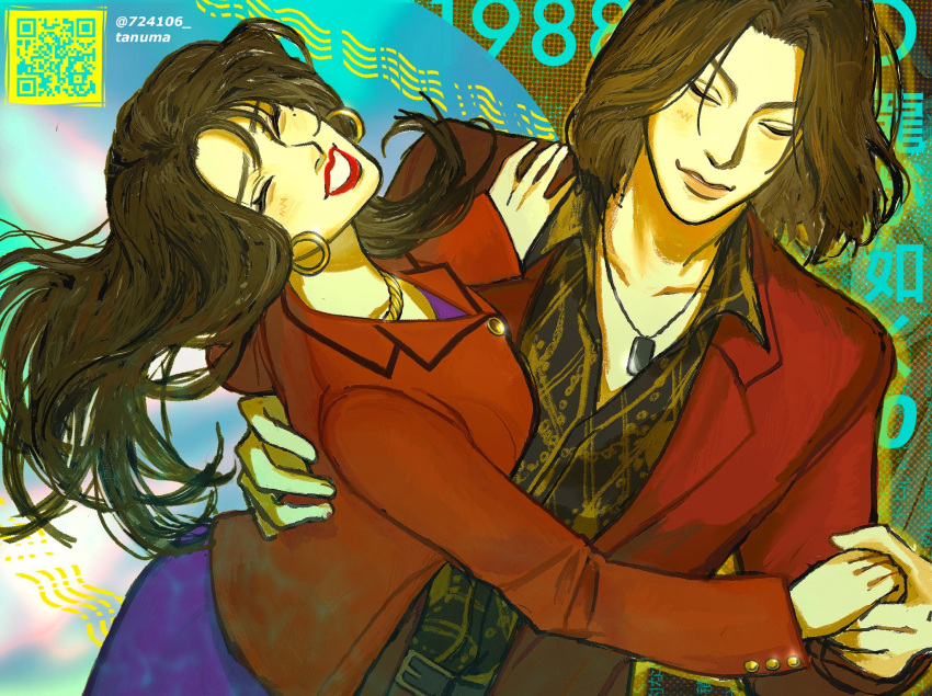 1boy, 1girl, :d, ^_^, artist_name, brown_hair, closed_eyes, dancing