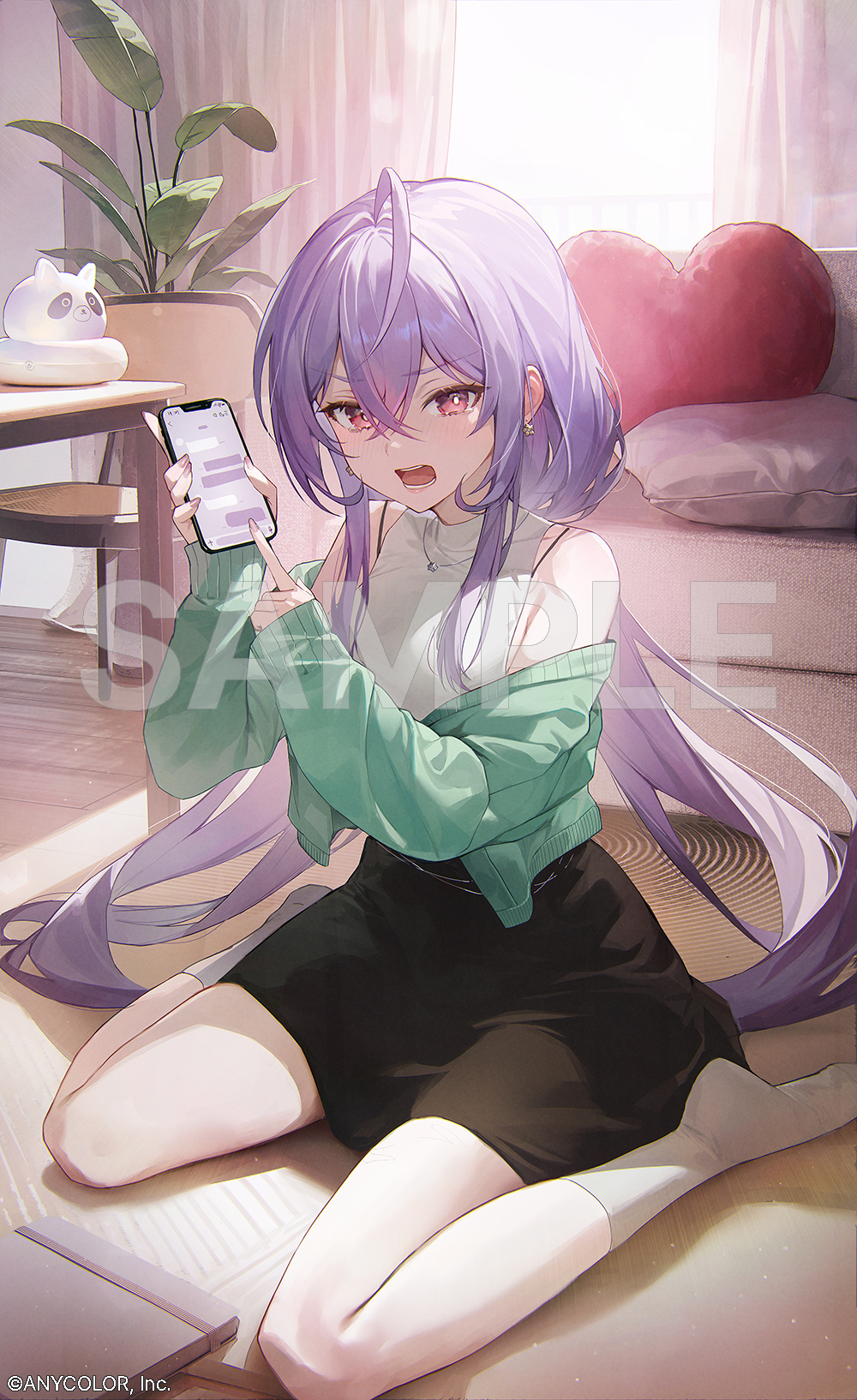 1girl, ahoge, bare_shoulders, black_skirt, blush, book, cardigan, cellphone