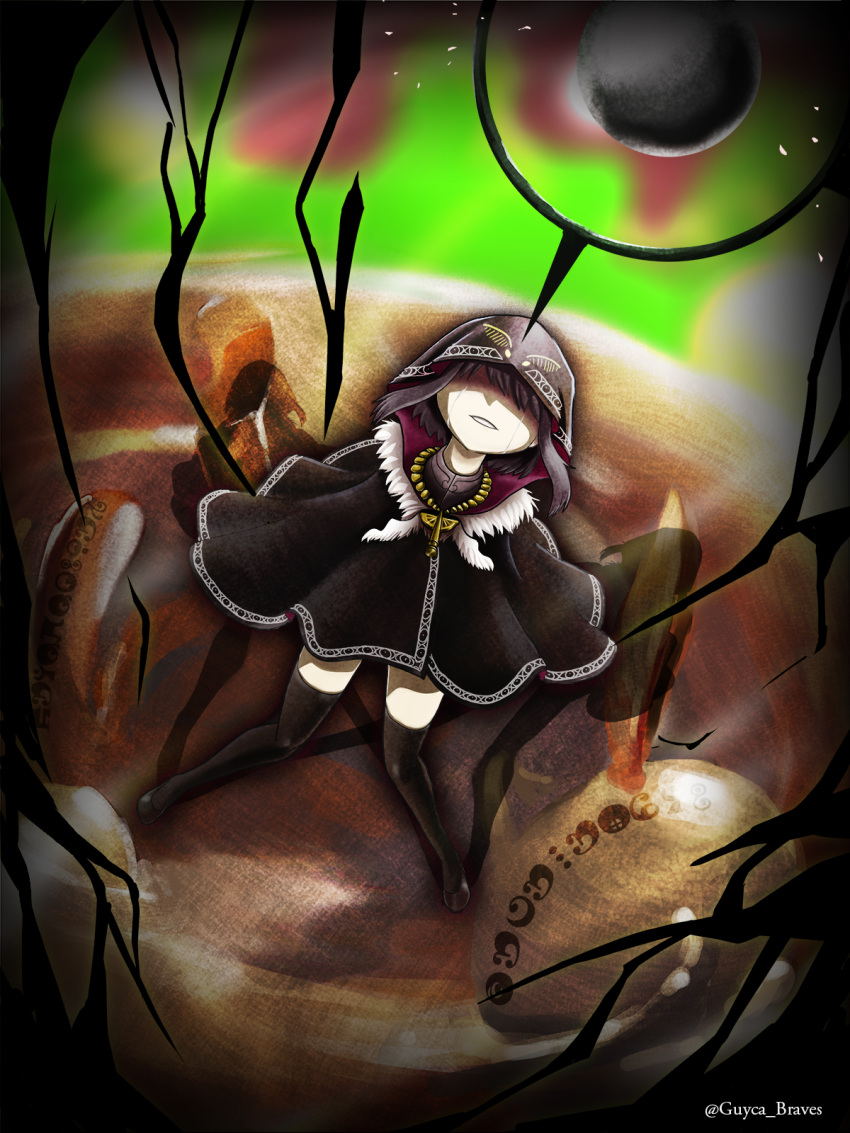 black_cloak, black_hair, black_thighhighs, cloak, feather_(magia_record), grief_seed, guyca_braves, highres