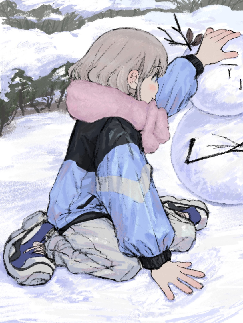 1girl, arm_support, blue_eyes, blue_jacket, blue_shoes, blush, brown_hair, bush