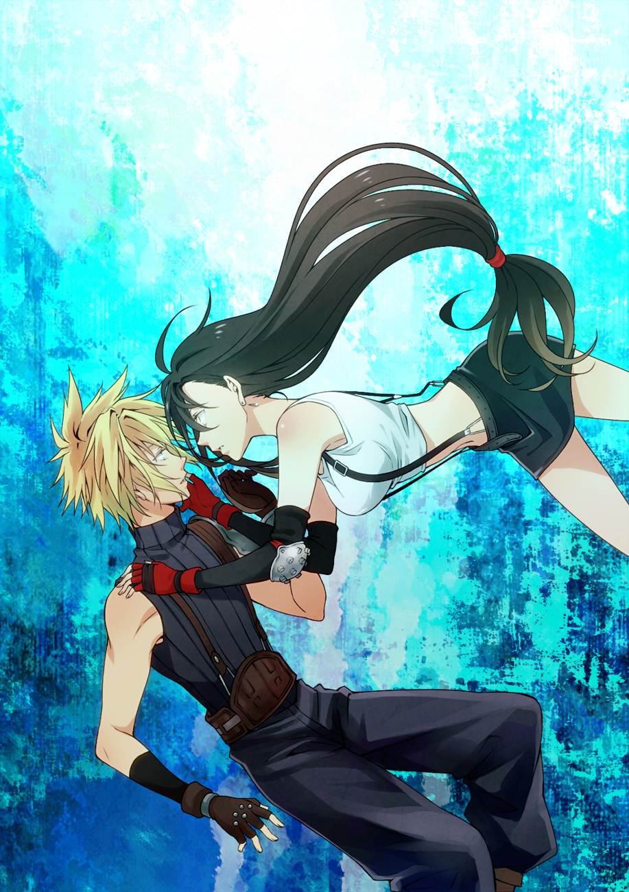 black_hair, blonde_hair, buckle, cloud_strife, detached_sleeves, earrings, final_fantasy, final_fantasy_vii, fingerless_gloves, gloves, highres, jewelry, kazu_sanbon, long_hair, low-tied_long_hair, skirt, suspenders, tifa_lockhart