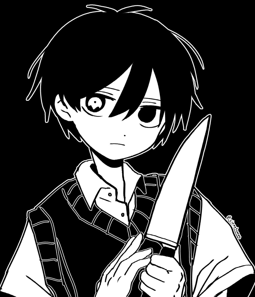1boy, antenna_hair, bad_anatomy, bad_neck, black_background, cinnotomon, closed_mouth, collared_shirt