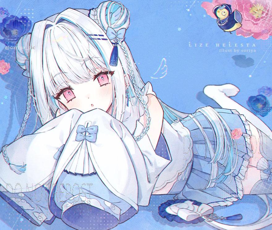 1girl, :o, bare_shoulders, blue_background, blue_eyes, blue_flower, blue_skirt, braid, character_name, clothing_cutout, colored_inner_hair, commentary_request, double_bun, flower, hair_bun, hair_intakes, lize_helesta, lize_helesta_(11th_costume), looking_at_viewer, lying, multicolored_hair, nijisanji, no_shoes, on_stomach, pink_flower, pleated_skirt, red_eyes, sebastian_piyodore, shirt, shoulder_cutout, side_braids, simple_background, skirt, sleeves_past_wrists, soriya, the_pose, thigh-highs, twisted_torso, virtual_youtuber, watermark, white_hair, white_shirt, white_thighhighs