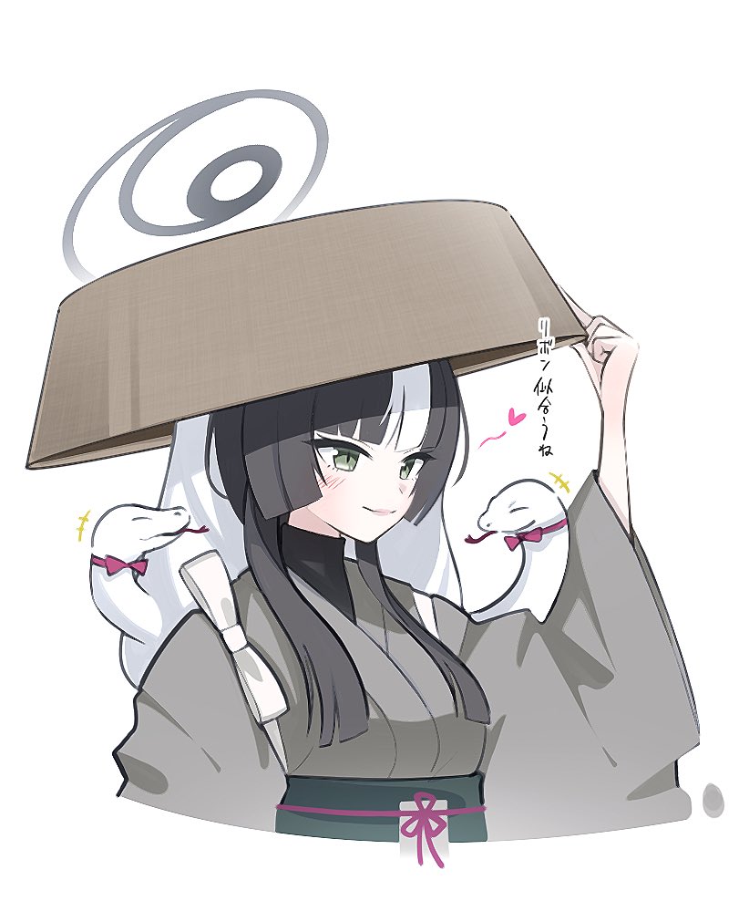1girl, azami_(blue_archive), blue_archive, grey_halo, grey_kimono, halo, hat, japanese_clothes