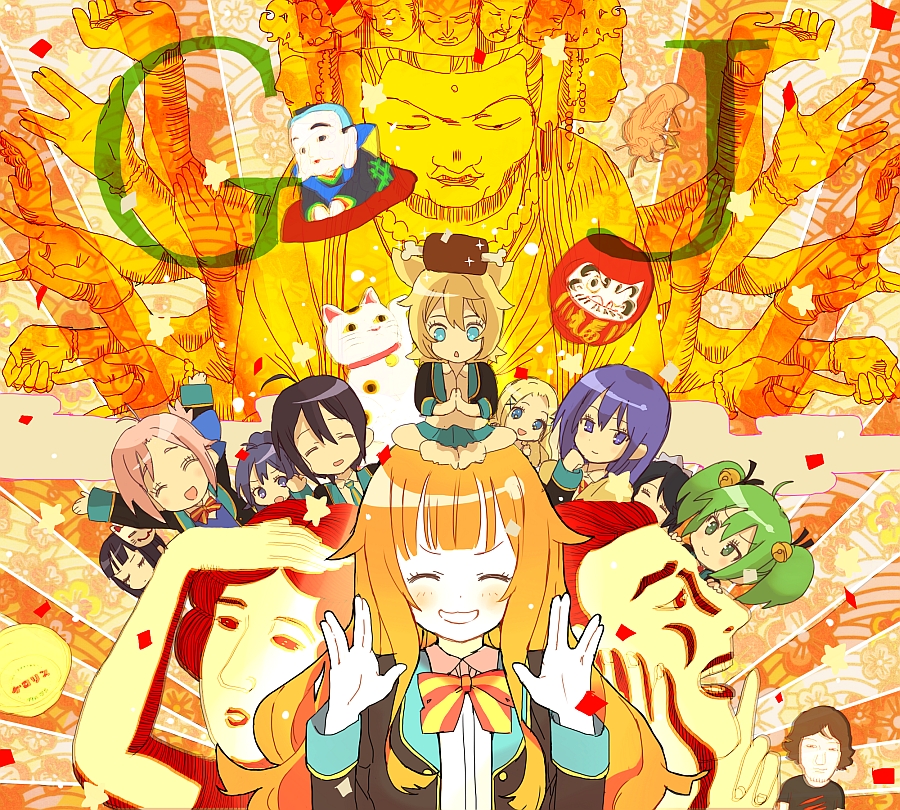 5boys, 6+girls, :3, \\//, ^_^, amatsuka_mao, amatsuka_megumi_(gj-bu), amatsuka_seira, arms_up, bell, black_hair, black_jacket, blazer, blonde_hair, blue_eyes, blush, bow, bowtie, buddha, butterfly_sitting, character_request, check_commentary, closed_eyes, commentary_request, confetti, daruma_doll, everyone, extra_arms, fox_mask, geraldine_bernstein, gj-bu, green_eyes, green_hair, grin, hair_bell, hair_flaps, hair_ornament, jacket, kannazuki_tamaki, kirara_bernstein, long_hair, maid_headdress, maneki-neko, mask, mini_person, minigirl, mori_(gj-bu), mudra, multiple_boys, multiple_girls, open_clothes, open_jacket, open_mouth, orange_background, orange_hair, own_hands_together, palms_together, patterned_background, pink_hair, purple_hair, seigaiha, shimura_nobuo, shinomiya_kasumi, shinomiya_kyouya, shirt, short_hair, sitting, sitting_on_head, sitting_on_person, smile, star_(symbol), sumeragi_shion, sunburst, sunburst_background, twintails, v-shaped_eyebrows, violet_eyes, white_shirt, yellow_bow, yellow_bowtie