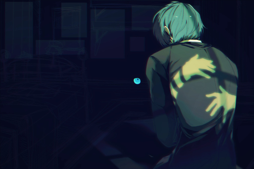 2boys, black_hair, blue_eyes, blue_hair, collar, highres, hug, male_focus, multiple_boys, p9_0519, persona, persona_3, pharos, shadow, short_hair, sitting, solo_focus, upper_body, white_collar, yuuki_makoto_(persona_3)