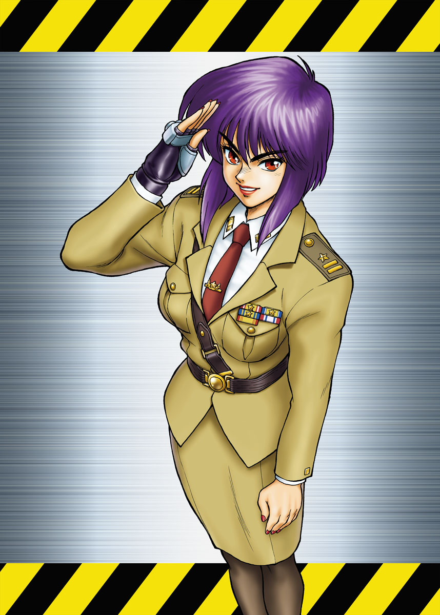1girl, belt, breasts, brown_pantyhose, collar, fingerless_gloves, ghost_in_the_shell, ghost_in_the_shell:_stand_alone_complex, gloves, highres, kusanagi_motoko, lips, looking_at_viewer, military_dress_uniform, military_uniform, necktie, pantyhose, parted_lips, pencil_skirt, purple_hair, red_eyes, red_lips, red_nails, red_necktie, salute, sam_browne_belt, shirow_masamune_(style), single_fingerless_glove, skirt, smile, solo, usahachi, white_collar