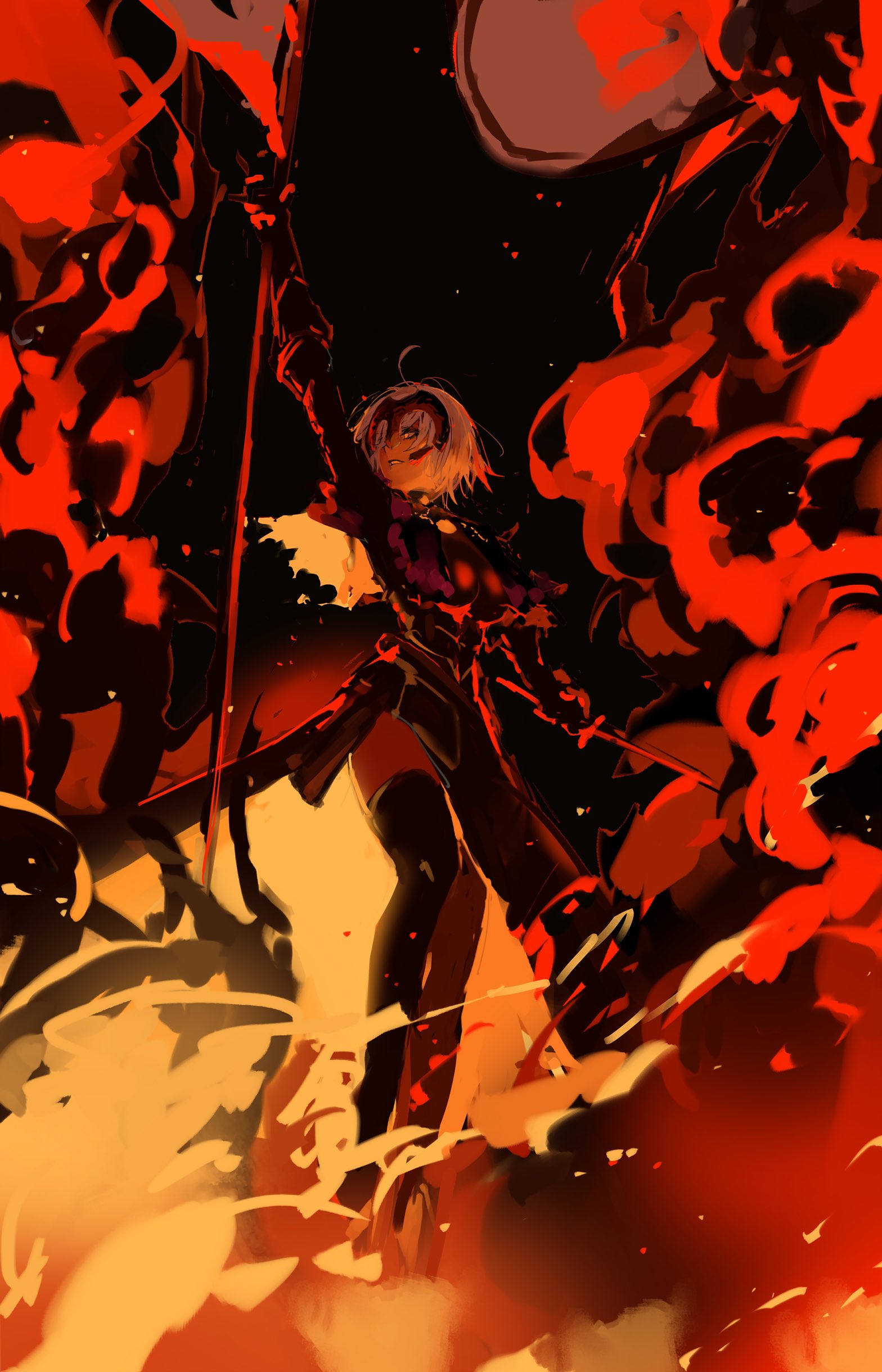 1girl, absurdres, ahoge, arm_up, armor, armored_dress, black_capelet, black_thighhighs