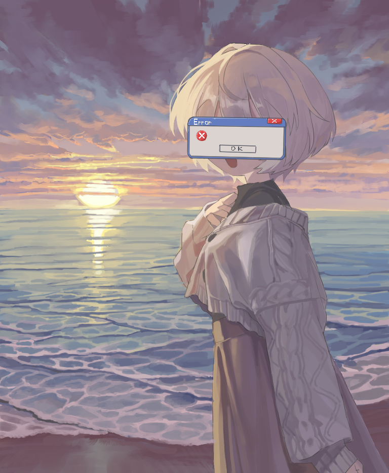 1girl, beach, black_shirt, cardigan, censored, censored_identity, clouds, cloudy_sky