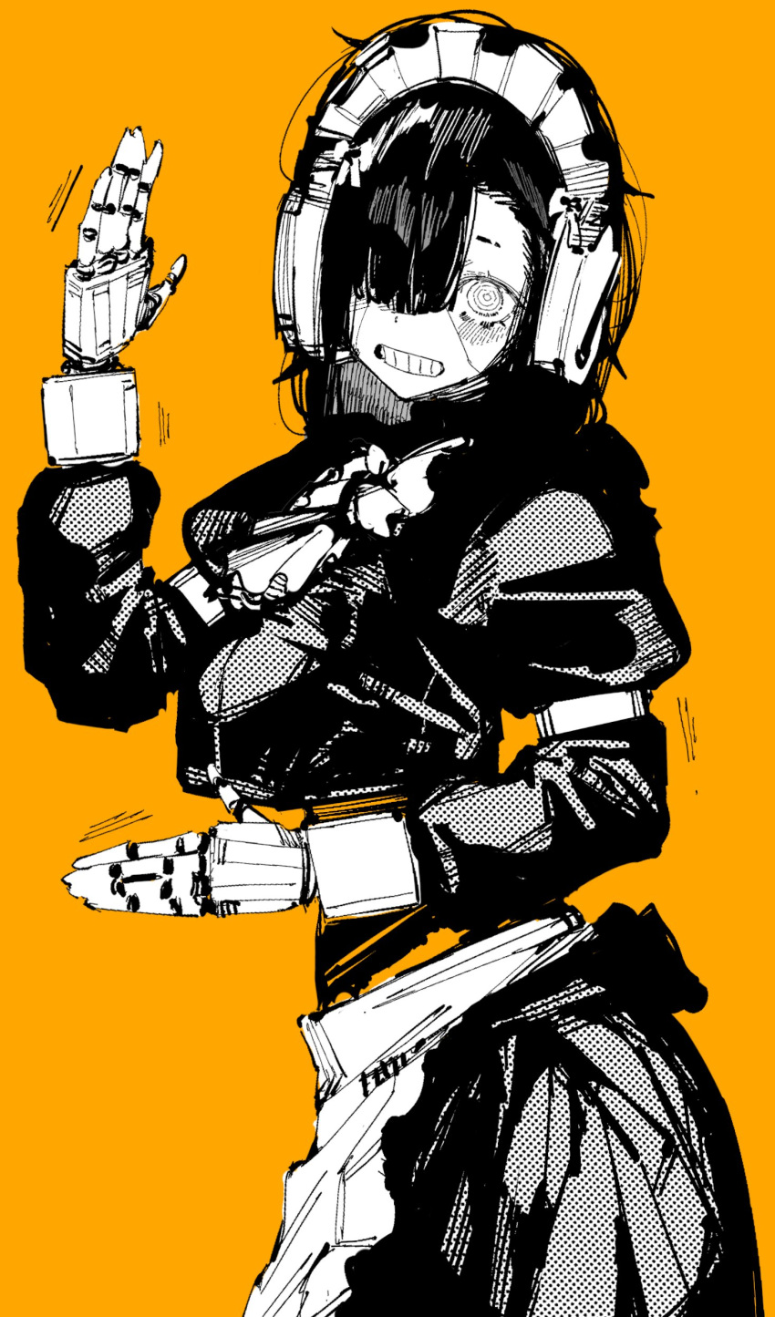 10_4_(10f0ur), 1girl, @_@, absurdres, c-bas, cowboy_shot, dancing, grin, hair_over_one_eye, highres, juliet_sleeves, long_sleeves, looking_at_viewer, maid, maid_headdress, monochrome, one_eye_covered, orange_background, original, puffy_sleeves, robot_girl, short_hair, simple_background, smile, solo, teeth